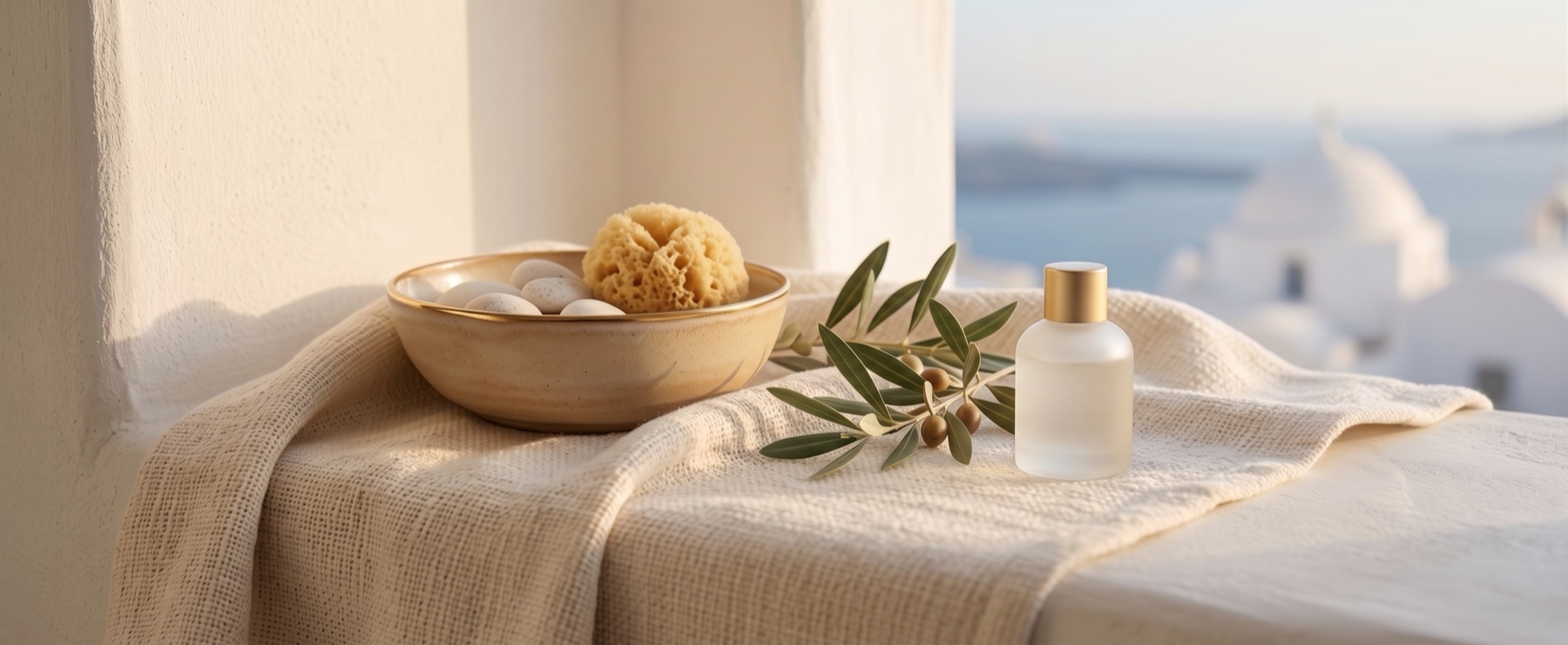 Linen, olive branch and spa essentials on a sunlit Santorini terrace